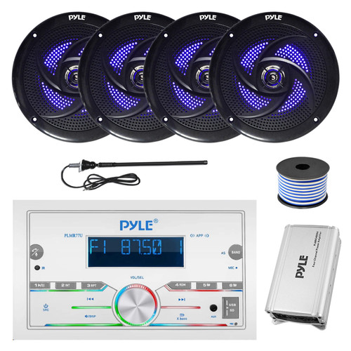 Pyle PLMR77U Double DIN Marine Bluetooth MP3 Stereo Receiver, 4-Channel Amplifier, 4x 8'' 320 Watt Max Low Profile 2-Way Blue Flashing LED Boat Audio Speakers w/Wire, Long Range Antenna (Black)