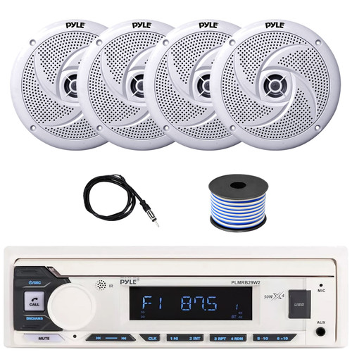 Pyle PLMRB29W2 Single DIN Marine Bluetooth USB/AUX MP3 Player AM/FM Radio Stereo Receiver, 4x 8" 320 Watt Max Power Low Profile 2-Way White Boat Speakers, Radio Antenna, Speaker Wire