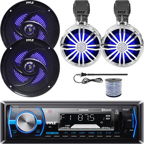 Pyle PLMRB29B Single DIN Bluetooth MP3 In-Dash Stereo Black Receiver, 2x 3.5" 20W Waterproof Off-Road Chrome RGB LED Speakers, 2x 8'' 320W Low Profile 2-Way Black LED Speakers W/Wire, Radio Antenna