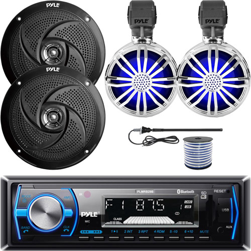 Pyle PLMRB29B Single DIN Bluetooth MP3 In-Dash Stereo Black Receiver, 2x 3.5" 20W Waterproof Off-Road Chrome RGB LED Speakers, 2x 8'' 320W Low Profile 2-Way Black Speakers W/Wire, Radio Antenna