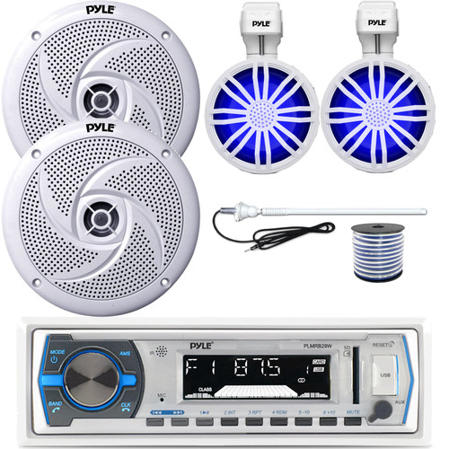 Pyle PLMRB29W Single DIN Bluetooth Marine MP3 Stereo White Receiver, 2x 3.5" 20W Waterproof Rated Off-Road White RGB Speakers, 2x 8'' 320W Low Profile 2-Way White Boat Speakers W/Wire, Radio Antenna