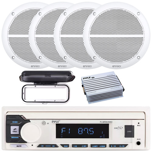 Pyle PLMRB29W2 Single DIN Marine Bluetooth USB/AUX MP3 Player AM/FM Radio Stereo Receiver w/White Cover, 4x 6.5" 90 Watt Max Power 2-Way Full Range White Boat Speakers, 4 Channel 400 Watt Amplifier