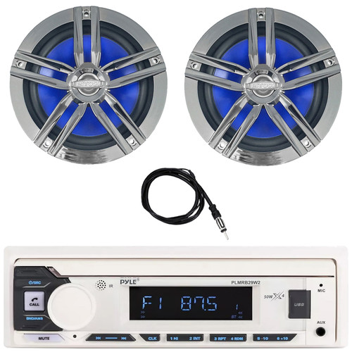 Pyle PLMRB29W2 Single DIN Marine Bluetooth USB/AUX MP3 Player AM/FM Radio Stereo Receiver, 2x Enrock 6.5" 180 Watt Max Power 2-Way High-Performance Boat Audio Charcoal Speakers, 22" Radio Antenna