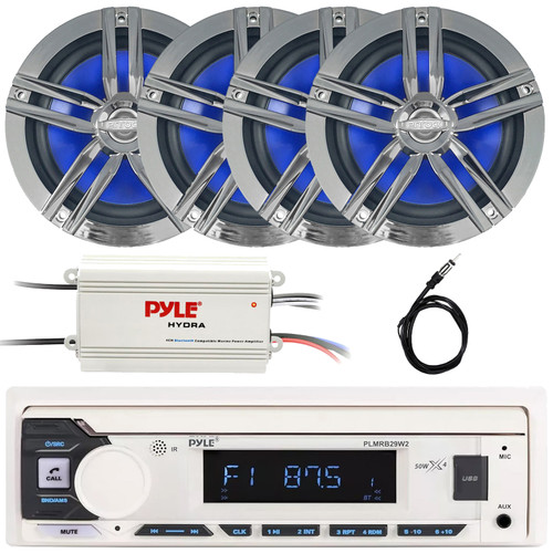 Pyle PLMRB29W2 Single DIN Marine Bluetooth USB/AUX MP3 Player AM/FM Radio Stereo Receiver, 4x 6.5" 180 Watt Max Power 2-Way High-Performance Boat Charcoal Speakers, 4-Channel Amplifier, Radio Antenna