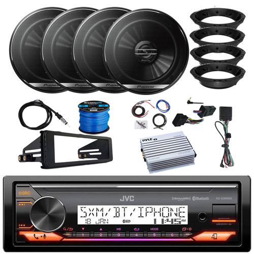 JVC KD-X38MBS Single DIN Marine MotorSports Bluetooth USB/AUX LED AM/FM SiriusXM Ready Stereo Receiver w/Install Kit, 4x 6.5" 300W Speakers w/Adapters, Amplifier w/Kit, Handlebar Kit, Wire, Antenna