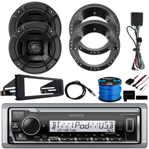 Kenwood KMR-M332BT Single DIN Marine USB/AUX/AM/FM Stereo Bluetooth Digital Media Receiver W/Install Kit, 2x 6.5" 300W 2-Way Boat Black Speakers W/Adapter, Handlebar Kit, Radio Antenna, Speaker Wire