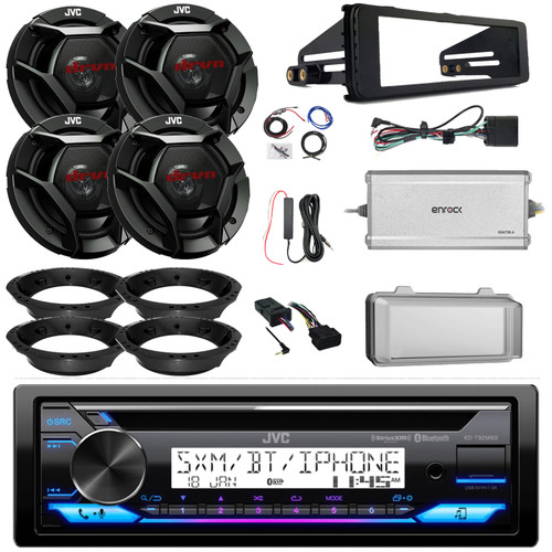 JVC KD-T92MBS Single DIN Marine Bluetooth USB/AUX/AM/FM Stereo CD Player Receiver W/Cover, 4x 6.5" 300W Max 2-Way Speakers W/Adapters, 4-Channel Amplifier W/Booster + Kit, Handlebar Controls
