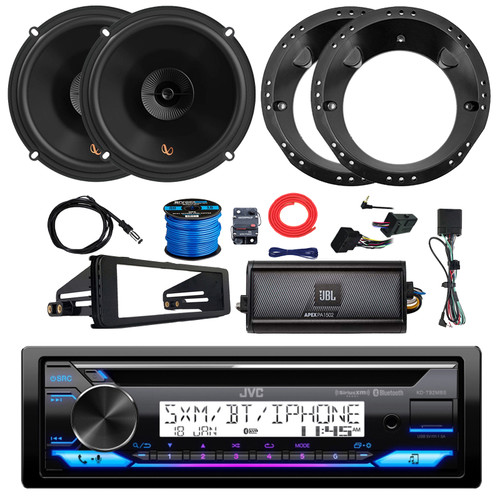 JVC KD-T92MBS Single DIN Marine Bluetooth USB/AUX CD Player AM/FM Receiver W/Install Kit, 2x 6.5" 150W Max Speakers W/Adapter, 2-Channel Amplifier W/Kit, Handlebar Control Interface, Antenna, Wire