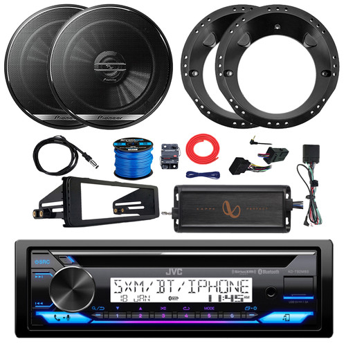 JVC KD-T92MBS Single DIN Marine Bluetooth USB/AUX CD Player AM/FM Stereo Receiver W/Install Kit, 2x 6.5" 300W Max Speakers W/Adapters, 2-Channel Amplifier W/Kit, Handlebar Controls, Antenna, Wire