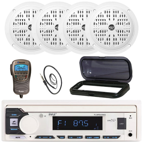 Pyle PLMRB29W2 Single DIN Marine Bluetooth USB/AUX MP3 Player AM/FM Radio Stereo Receiver w/Black Cover, 4x 4" 100W Max Power Dual Cone Waterproof White Stereo Speakers, Wireless Handset, Antenna