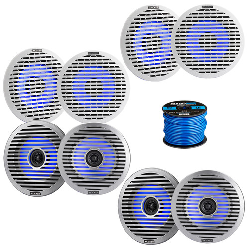 Four Pairs (Qty 8) of Kicker KM614FL 6.5" 130 Watt Max Power Thin-Mount RGB LED Marine Audio Speakers w/ White and Silver Grilles, 50 Feet 16 Gauge Speaker Wire