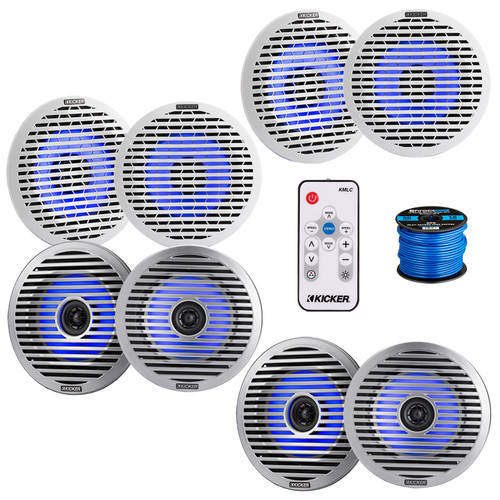 4 Pair (Qty 8) of Kicker KM614FL 6.5" 130 Watt Peak Marine Thin-Mount Multicolor LED Speakers with 8x White Grilles, 8x Silver Grilles, 16 Gauge 50 feet Wire, LED Remote Control