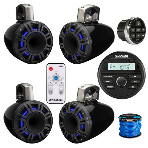 Kicker 46KMC2 All-Weather Marine Gauge Style USB Bluetooth AM/FM Receiver w/Remote, 4x 6.5" 300 Watt Peak Multicolor LED Marine HLCD Tower Speakers (Black) with LED Remote, 16 Gauge 50 feet Wire