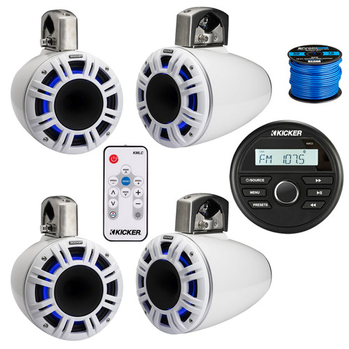 Kicker 46KMC2 All-Weather Marine Gauge Style USB Bluetooth AM/FM Media Center Receiver, 4x 6.5" 300 Watt Peak Multicolor LED Marine HLCD Tower Speakers (White) with LED Remote, 16 Gauge 50 feet Wire