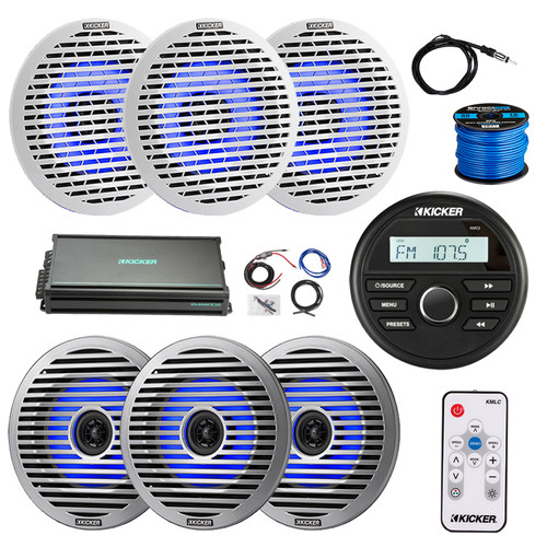 Kicker 46KMC2 Marine Bluetooth USB/AUX AM/FM Radio Gauge Style Media Center Receiver, 6x 6.5" 130W Thin-Mount RGB LED Speakers w/Grilles, 6-Channel Amplifier w/Kit, Wire, Antenna, LED Remote
