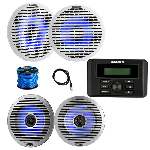 Kicker KMC3 Marine Bluetooth USB AM/FM Radio Weather-Resistant Gauge-Style Digital Media Receiver, 4x 6.5" 130W Max Thin-Mount RGB LED Boat Speakers w/ White and Silver Grilles, Speaker Wire, Antenna