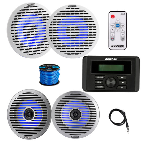 Kicker KMC3 Marine Bluetooth USB AM/FM Weather-Resistant Gauge-Style Digital Media Receiver, 4x 6.5" 130W Max Thin-Mount RGB LED Speakers w/ White and Silver Grilles, LED Controller, Wire, Antenna