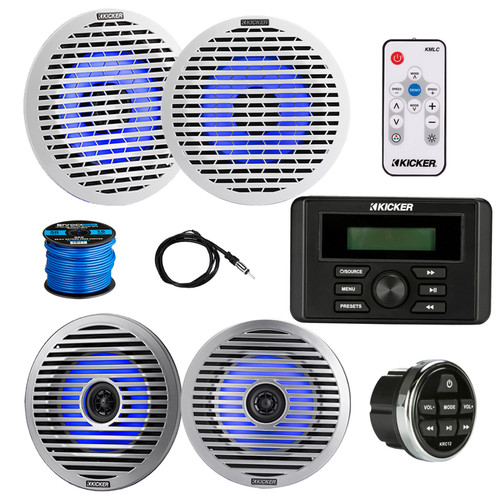 Kicker KMC3 Marine Bluetooth USB AM/FM Weather-Resistant Gauge-Style Digital Receiver w/Remote, 4x 6.5" 130W Max Thin-Mount RGB LED Speakers w/ White and Silver Grilles, LED Controller, Wire, Antenna