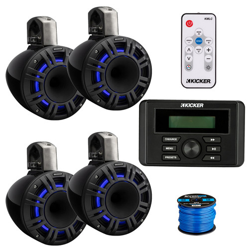 Kicker KMC3 Marine Bluetooth USB AM/FM Radio Weather-Resistant Gauge-Style Digital Media Receiver, 4x 6.5" 300 Watts Max Power Black LED Tower Speakers with LED Remote, 50 Feet 16 Gauge Speaker Wire