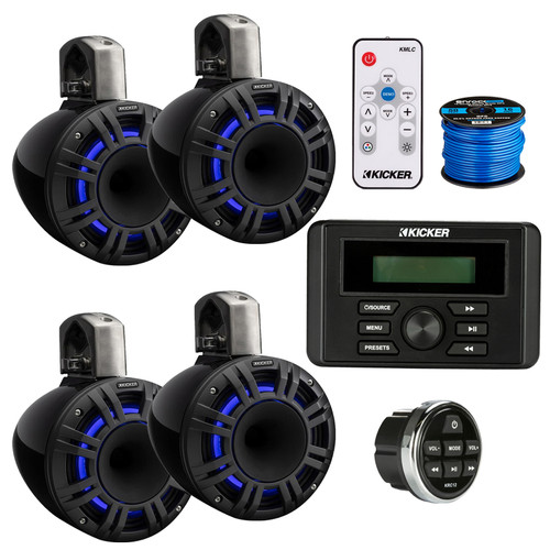 Kicker KMC3 Marine Bluetooth USB AM/FM Radio Weather-Resistant Gauge-Style Digital Media Receiver w/Remote, 4x 6.5" 300W Max Black LED Tower Speakers with LED Remote, 50 Feet 16 Gauge Speaker Wire