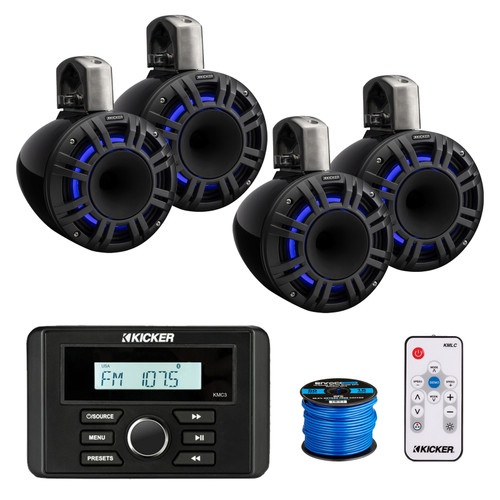 Kicker KMC3 Marine Bluetooth USB AM/FM Radio Weather-Resistant Gauge-Style Digital Media Receiver, 4x 8" 500W Max Power Black LED Tower System Speakers with LED Remote, 50 Feet 16 Gauge Speaker Wire
