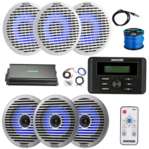 Kicker KMC3 Marine Bluetooth USB AM/FM Weather-Resistant Gauge-Style Digital Media Receiver, 6x 6.5" 130W Thin-Mount RGB LED Speakers w/Grilles, 6-Channel Amplifier w/Kit, Wire, Antenna, LED Remote