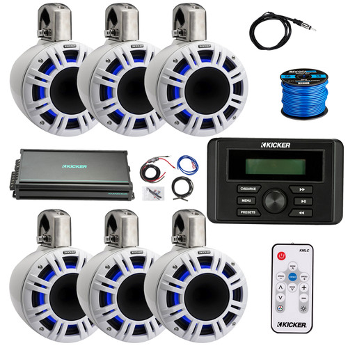 Kicker KMC3 Marine Bluetooth USB AM/FM Radio Weather-Resistant Gauge-Style Digital Media Receiver, 6x 6.5" 300W Max White LED Tower Speakers, 6-Channel Amplifier w/Kit, LED Controller, Antenna, Wire