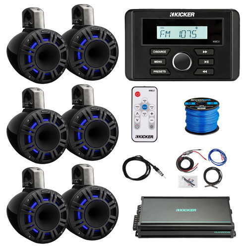 Kicker KMC3 Marine Bluetooth USB AM/FM Radio Weather-Resistant Gauge-Style Digital Media Receiver, 6x 8" 500W Max Black LED Tower Speakers, 6-Channel Amplifier w/Kit, LED Controller, Antenna, Wire