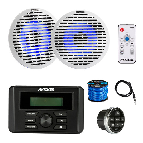 Kicker KMC3 Marine Bluetooth USB AM/FM Radio Gauge-Style Digital Media Receiver w/Remote, 2x 6.5" 130W Thin-Mount RGB LED Speakers, 2x White Grilles, 2x Silver Grilles, Wire, Antenna, LED Controller
