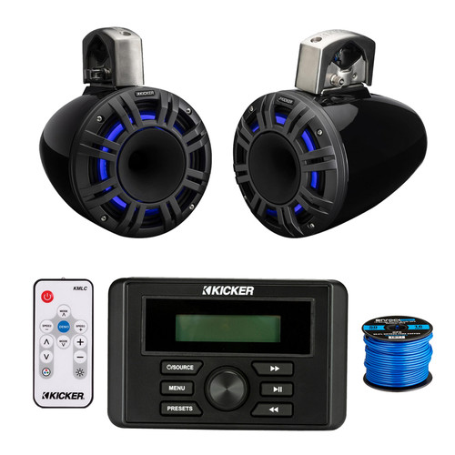 Kicker 46KMC3 All-Weather Marine Gauge Style USB Bluetooth AM/FM Media Center Receiver, 2x 6.5" 300 Watt Peak Multicolor LED Marine HLCD Tower Speakers (Black) with LED Remote, 16 Gauge 50 feet Wire