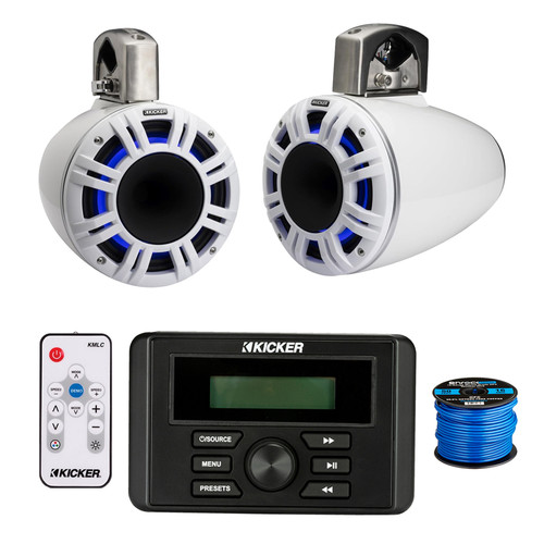 Kicker KMC3 Marine Bluetooth USB AM/FM Radio Weather-Resistant Gauge-Style Digital Media Receiver, 2x 6.5" 300W Max Power White LED Tower Speakers With LED Controller, 50 Feet 16 Gauge Speaker Wire