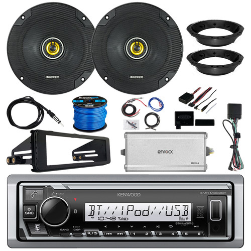 Kenwood KMR-M332BT Single DIN Marine Bluetooth AM/FM Receiver, Amplifier w/Kit, 2x 6.5" 300W Car Speakers, Wire, Antenna, Adapters, Handlebar Control + Radio Install Kit for 98-2013 Harley Motorcycles