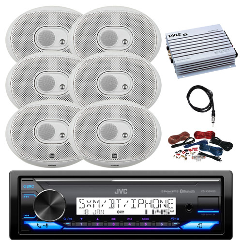 JVC KD-X38MBS Single DIN Marine USB Bluetooth AM/FM Stereo Receiver, 4x 6x9" 200 Watt Peak Power 3-Way Boat Audio Speakers (White), 4-Channel Amplifier w/Install Kit, 40" Radio Antenna