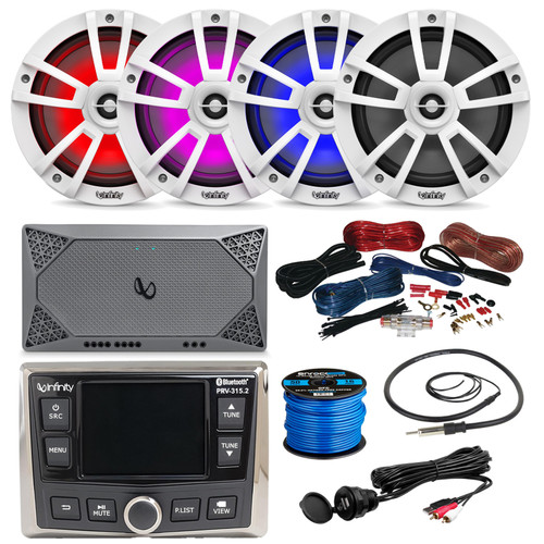 Infinity PRV-315.2 Marine Gauge Hole Mount USB Bluetooth AM/FM/WB Radio Receiver, 4x 6.5" 225 Watt White Speakers w/ LED, 4-Channel Amplifier + Wiring Kit, 16-Gauge Wire, Antenna, Aux Interface Mount