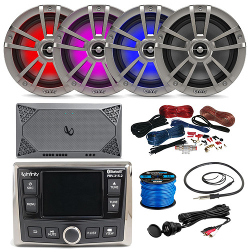 Infinity PRV-315.2 Marine Gauge Style USB Bluetooth WB Radio Receiver, 4x 6.5" 225 Watt Multicolor LED Titanium Speakers, 4-Channel Amplifier w/Kit, Wire, Antenna, USB/AUX Adapter (Bulk Packaging)