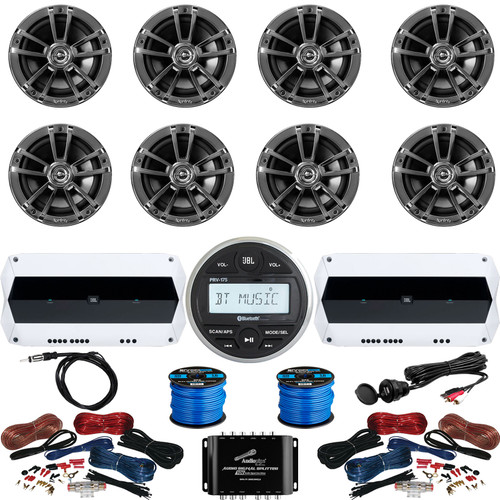 JBL PRV-175 Marine Gauge Hole Mount Bluetooth AM/FM Receiver, 8x 6.5" 225 Watt Peak High-Performance 2-Way Chrome Speaker, 2x 4-Channel Amplifiers, 2x Kits & 1x Split, 2x Wires, Antenna, Aux Mount