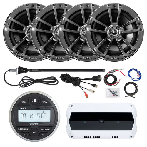 JBL PRV-175 Marine Gauge Hole Mount USB Bluetooth AM/FM Receiver, 4x 6.5" 225W Max Power Boat Speakers (Chrome), 4-Channel Amplifier, Kit, USB/AUX Adapter, Black Antenna (Bulk Packaging)