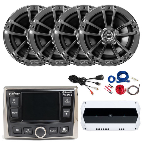 Infinity PRV-315.2 Marine Gauge Hole Mount USB Bluetooth AM/FM/WB Radio Receiver, 4x 6.5" 225 Watt Max Boat Audio Chrome Speakers, 4-Channel Amplifier w/ Wiring Kit, USB/AUX Adapter (Bulk Packaging)