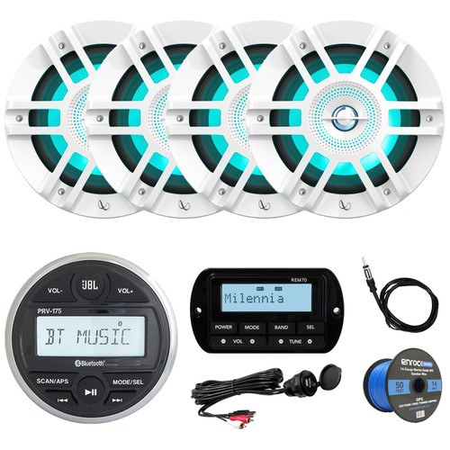 JBL PRV-175 Marine Gauge Hole Mount USB Bluetooth AM/FM Digital Stereo Receiver, 4X 6.5" 300W White Marine LED Speakers, USB/AUX Mount, Wired Remote, Marine Wired 22" Black Antenna, 50FT 14 gauge wire