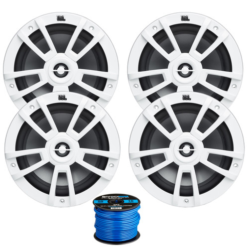 4x 8" 375 Watts Peak Power High-Performance Marine Audio White Speakers, 50 Feet 16 Gauge Speaker Wire