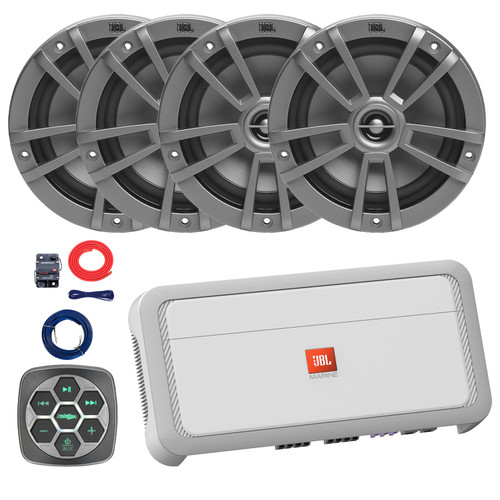 Metra IBBTR19 Marine 3-Zone Bluetooth Controller, 4x 6.5" 180 Watts Max Power 2-Way Multi-Element Gray Boat Speakers, 75 Watts RMS x 4 @ 4 Ohms 4-Channel Class H Amplifier, Wiring Kit, Speaker Wire