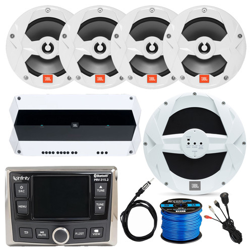 Infinity PRV-315.2 Marine Gauge Style USB Bluetooth WB Radio Receiver, 4x 6.5" 225W Boat Stereo Speaker (White) 10" Powered Subwoofer, 5-Channel Amplifier, Wire, Antenna, USB/AUX Interface