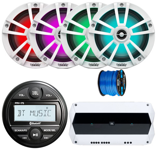 JBL PRV-175 Marine Gauge Hole Mount USB Bluetooth AM/FM Receiver, 4x Infinity Reference 6.5" 225W Waterproof White Boat RGB LED Speakers, 4-Channel 1000W Amplifier, 50 Feet 16-Gague Speaker Wire