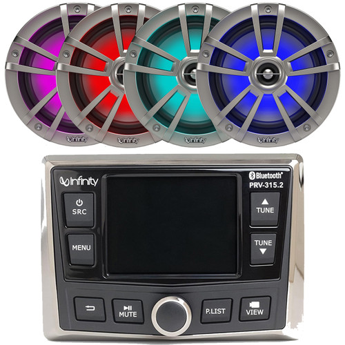 Infinity PRV-315.2 Marine Bluetooth USB/AUX WB AM/FM Radio Gauge Hole Mount Receiver Bundle Combo Two Pairs (QTY 4) Of 6.5" 225 Watt Max Power Waterproof Coaxial Titanium Boat RGB LED Speakers