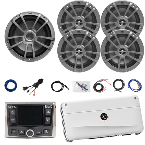 Infinity PRV-315.2 Marine Gauge Style USB Bluetooth AM/FM/WB Radio Receiver, 4x 6.5" 180 Watts Multi-Element Gray Boat Speakers, 10" 600 Watts Gray Subwoofer, Amp W/Kit, Antenna, USB/AUX Adapter, Wire