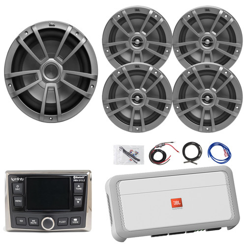 Infinity PRV-315.2 Marine Gauge Hole Mount USB Bluetooth AM/FM/WB Radio Receiver, 4x 6.5" 180W Peak Multi-Element Gray Boat Speakers, 10" 600W Peak Audio Gray Subwoofer, 5-Channel Amplifier W/Amp Kit