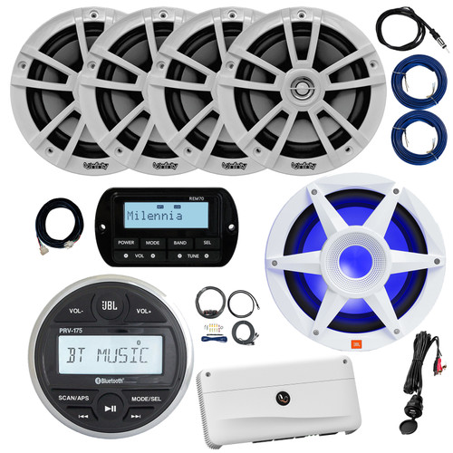 JBL PRV-175 Marine Bluetooth USB/AUX AM/FM Gauge Hole Mount Digital Media Receiver W/Remote + Extension Cable, 4x 6.5" 225W Max Speakers, 10" Subwoofer, Amplifier W/Kit, USB/AUX Adapter, Wire, Antenna