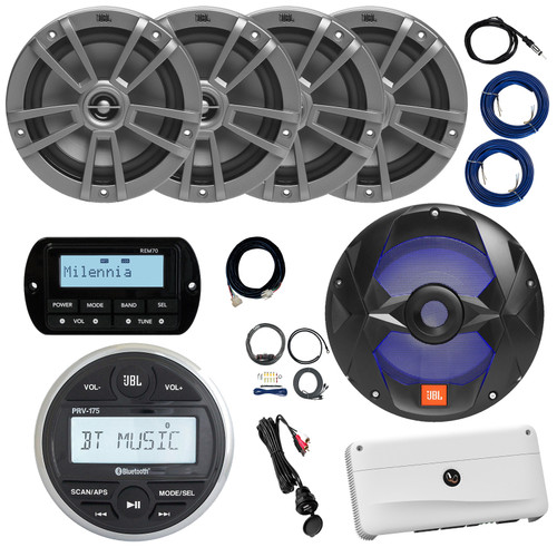 JBL PRV-175 Marine Bluetooth USB AM/FM Radio Digital Gauge Hole Mount Stereo Receiver W/Remote + Extension Cable, 4x 6.5" 180W Speakers, 10" Subwoofer, Amplifier W/Kit, USB/AUX Adapter, Antenna, Wire