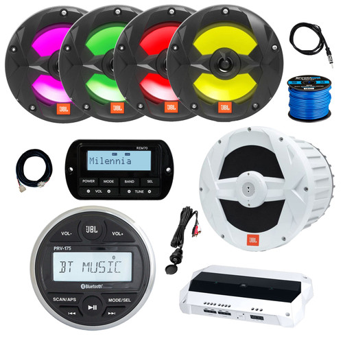 JBL PRV-175 Marine Gauge Hole Mount USB Bluetooth AM/FM Receiver, Remote, Extension Cable, Amplifier, Wire, USB Adapter, Antenna, 10" Subwoofer, 4x 6.5" 225W Multicolor LED Boat Speakers (Black)