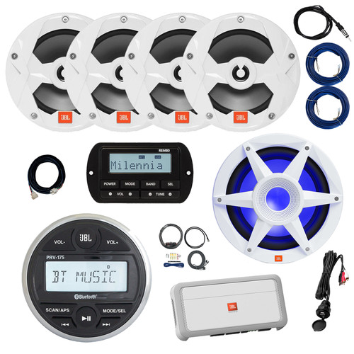 JBL PRV-175 Marine Bluetooth USB/AUX AM/FM Gauge Hole Mount Digital Media Receiver W/Remote + Extension Cable, 4x 6.5" Speakers, 10" RGB LED Subwoofer, Amplifier W/Kit, USB/AUX Adapter, Wire, Antenna